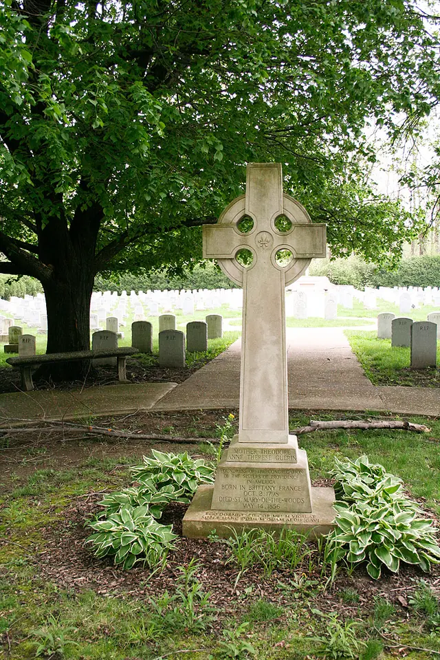 A tall stone Celtic cross on a base in a grassy cemetery under large trees, with rows of small white headstones behind