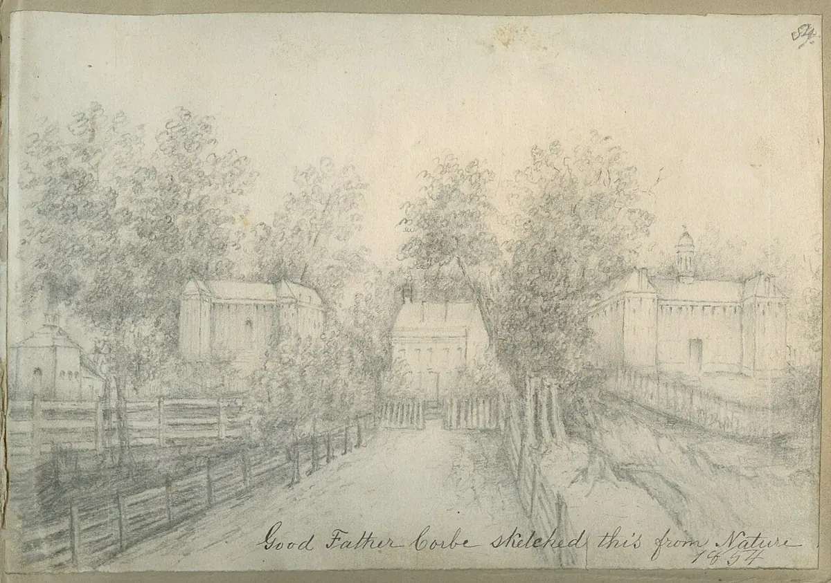 Pencil sketch of a tree-lined lane with a fence leading to several plain buildings in the woods