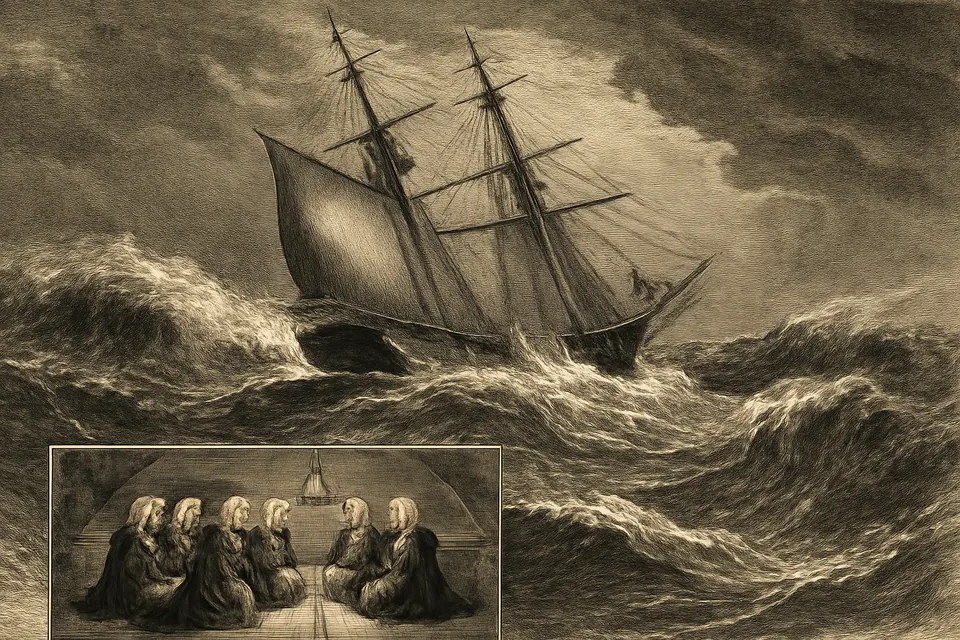 Engraving-style illustration of a three-masted sailing ship pitching in a storm on the Atlantic, with a few sisters in black habits praying below deck by lamplight