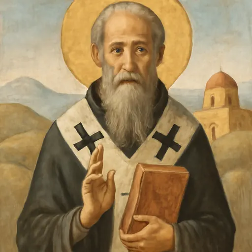 Fresco-style portrait of St. Theodore of Sykeon, an elderly gray-bearded Byzantine bishop in a white omophorion with crosses, holding a book of the Gospels and blessing