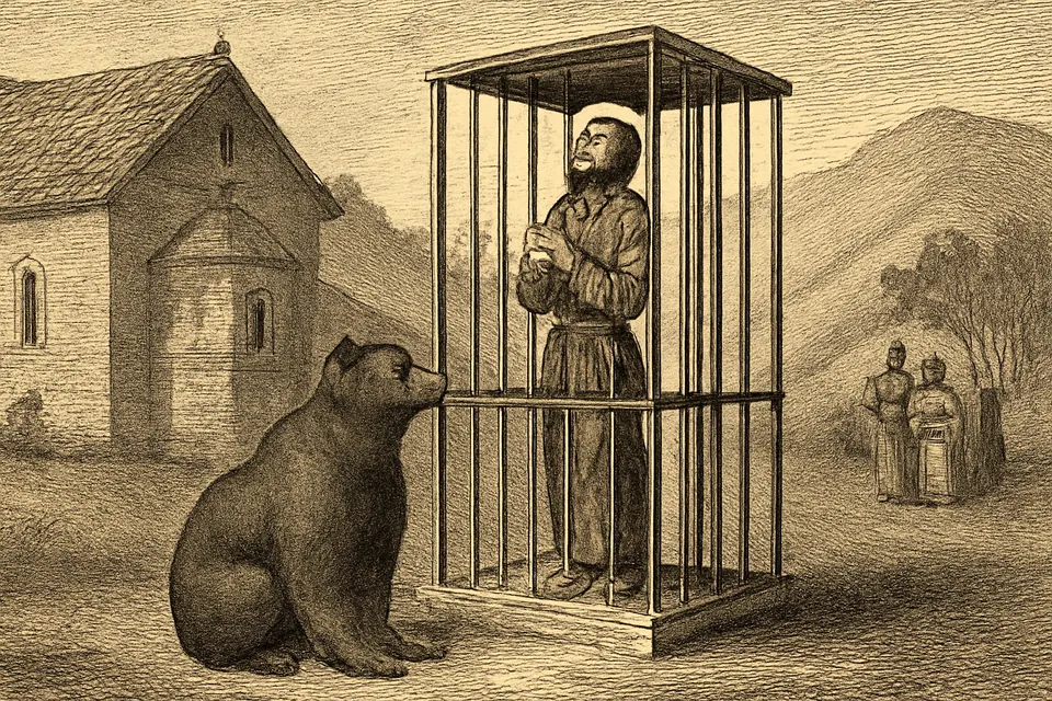 Engraving-style scene of the monk Theodore standing in prayer inside an open iron cage hung beside a church, as a bear waits quietly nearby