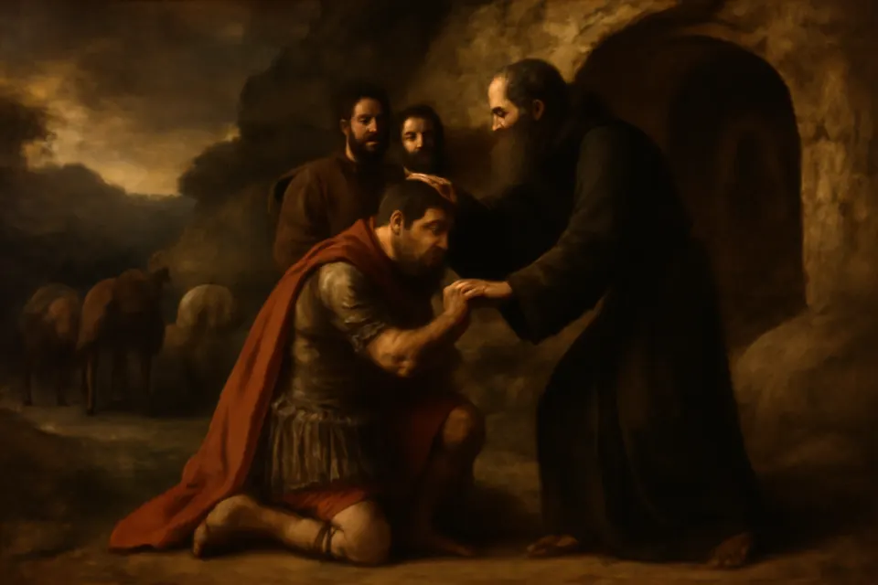 Oil-painting-style scene of the Byzantine general Maurice kneeling before the monk Theodore for a blessing
