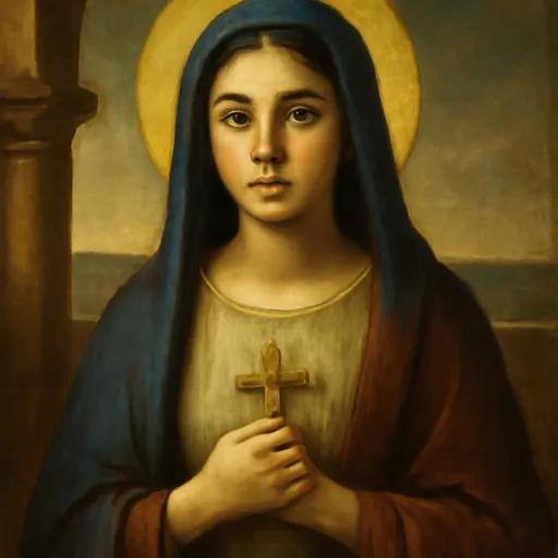 Oil-painting-style portrait of St. Theodosia of Tyre, a teenage girl in a blue veil and red mantle holding a small cross