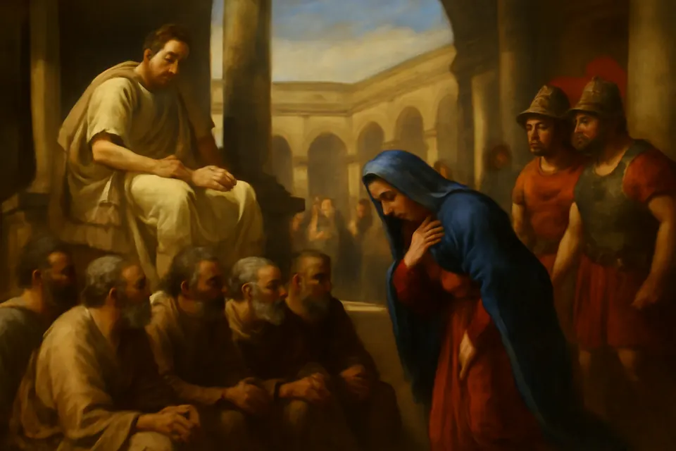 Oil-painting-style scene of a young woman bowing to chained Christian prisoners seated before a Roman tribunal while soldiers turn toward her