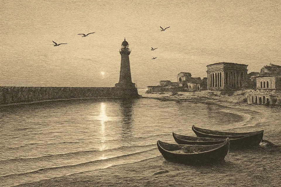 Engraving-style scene of the harbor of an ancient Roman city at dawn, with a small cross of light shining on the waves