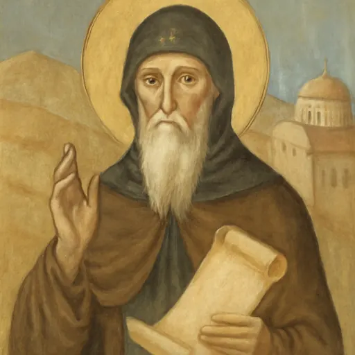 Fresco-style portrait of St. Theodosius the Cenobiarch, an aged monk with a long white beard in a dark habit and cowl, holding an open scroll