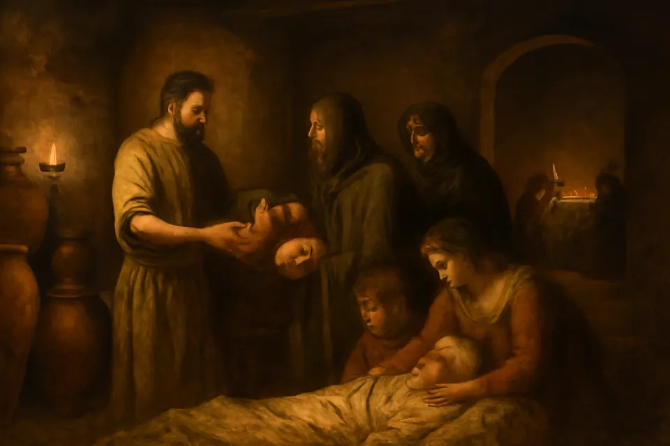 Oil-painting-style scene of a lamp-lit Roman inn at night where a bearded innkeeper hands bread and wine to frightened Christian families