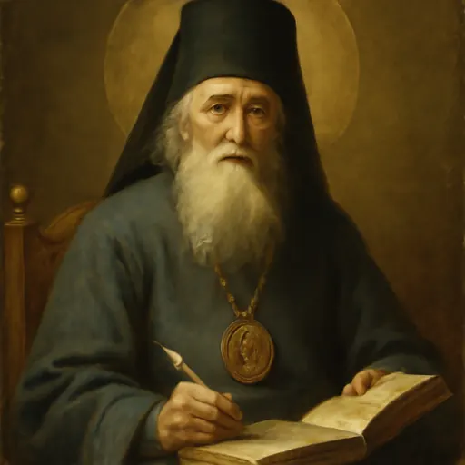 Oil-painting-style portrait of St. Theophan the Recluse as an elderly Russian bishop with a long white beard and a black monastic hood, seated with an open book