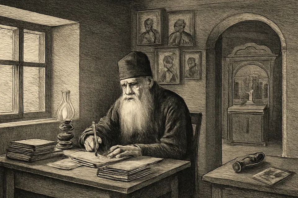 Engraving-style illustration of the aged Theophan the Recluse writing letters at a desk in his cell, with a small home chapel and icons behind him
