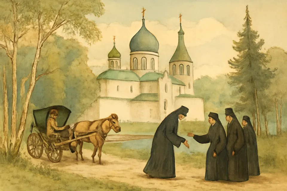 Watercolor-style illustration of Bishop Theophan arriving at the Vysha monastery in 1866, greeted by monks among birch trees