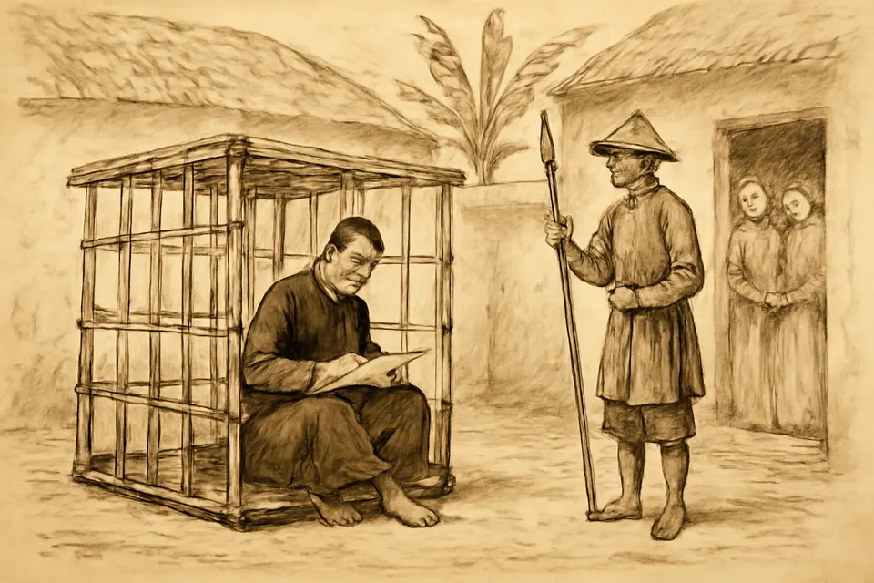Ink-drawing-style scene of St. Théophane Vénard sitting in a bamboo cage in a Vietnamese prison courtyard in 1861, writing a letter while a guard and a few visitors look on