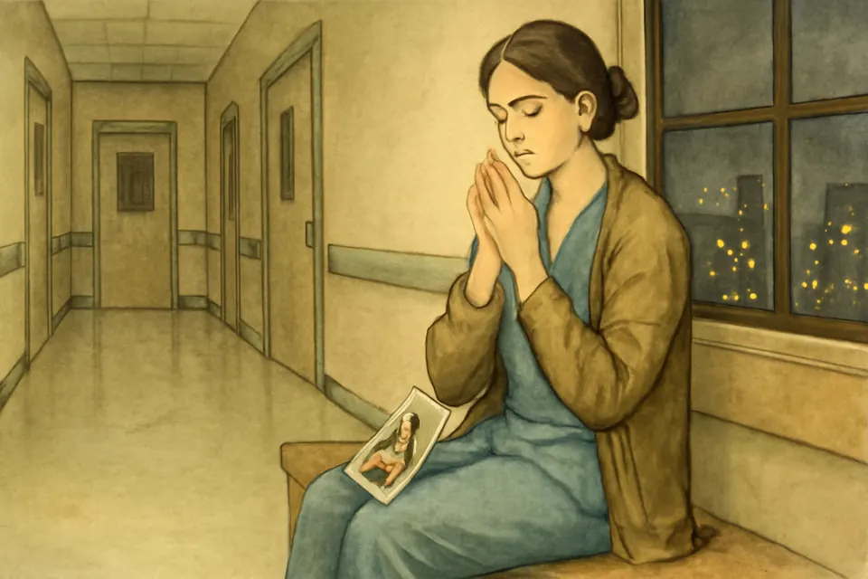 Watercolor illustration of a nurse on a night shift break counting Glory Bes on her fingers beside a hospital window