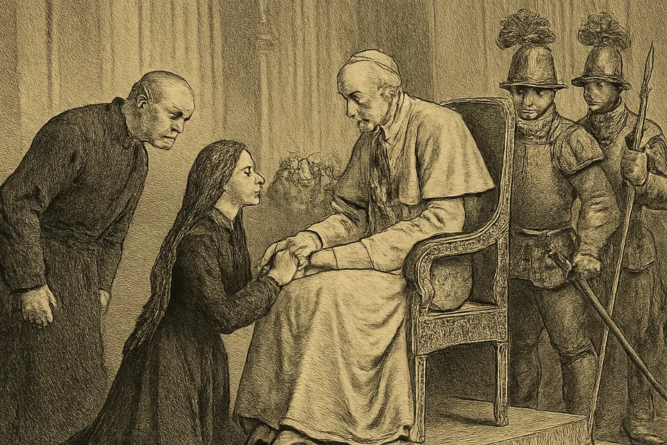Ilustración en estilo grabado de una joven de quince años vestida de negro, arrodillada ante el anciano papa León XIII en una sala de audiencias del Vaticano