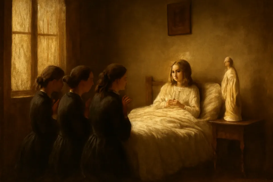 Ilustración en estilo óleo de una niña enferma de diez años que, sentada en la cama, mira una imagen de la Virgen que parece sonreírle, mientras sus hermanas rezan arrodilladas