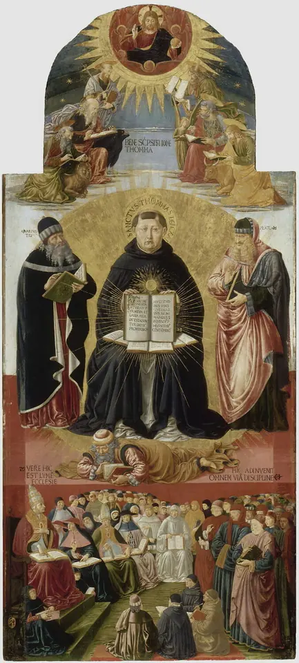 Retablo alto de Tomás de Aquino sentado en un trono con un libro abierto entre Aristóteles y Platón, con el filósofo Averroes tendido a sus pies, Cristo arriba y una asamblea de eclesiásticos abajo
