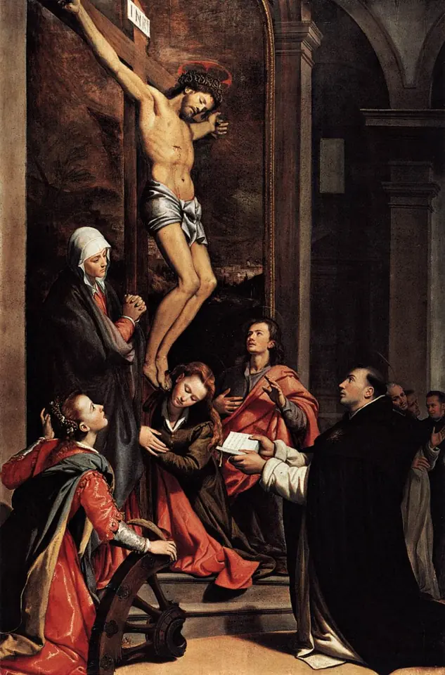 Pintura de Tomás arrodillado que levanta un libro hacia Cristo crucificado, el cual se inclina hacia él, mientras varios santos se reúnen al pie de la cruz