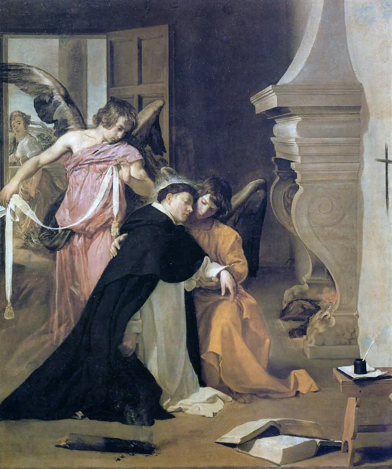 Pintura barroca del joven Tomás con hábito blanco y negro, desvanecido en brazos de dos ángeles, uno de los cuales le ciñe un cordón blanco a la cintura, con un tizón humeante en el suelo