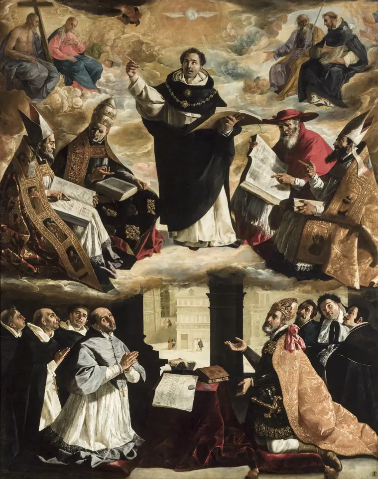 Gran retablo barroco español de Santo Tomás con un libro y una pluma, elevado sobre nubes entre los cuatro Padres latinos de la Iglesia, con una paloma encima y un emperador y clérigos arrodillados abajo