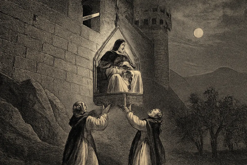 Ilustración en estilo grabado del joven novicio dominico Tomás, al que bajan de noche en una cesta desde una ventana del castillo familiar hasta los brazos de dos frailes