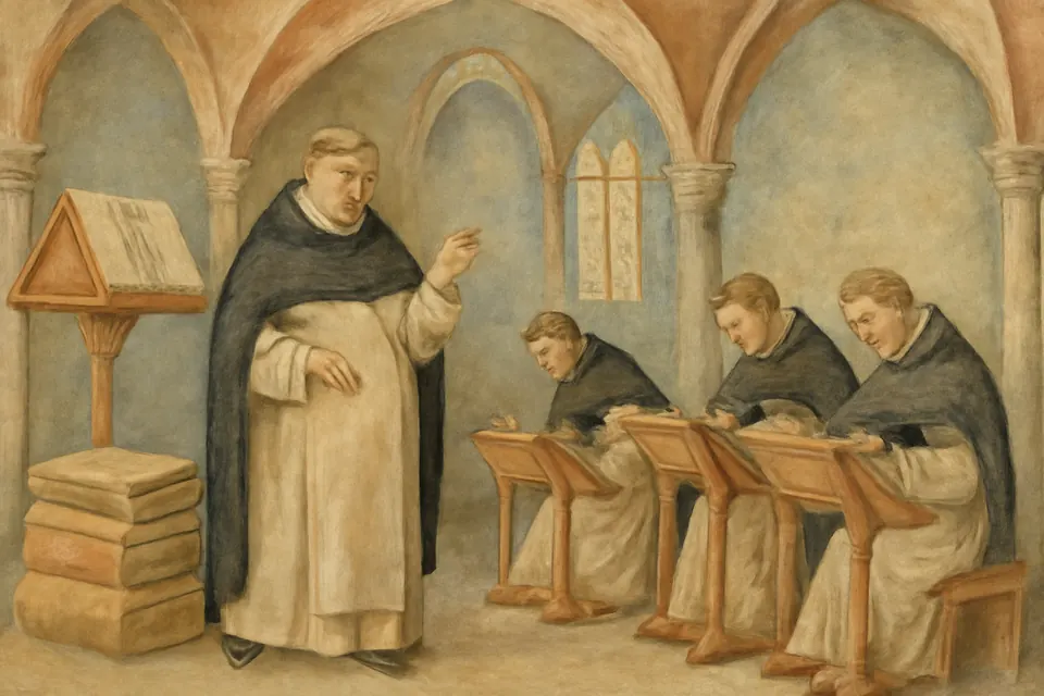Ilustración en estilo fresco de Santo Tomás de Aquino que camina por su estudio de un convento dominico mientras tres frailes, sentados ante sus pupitres, escriben lo que él dicta