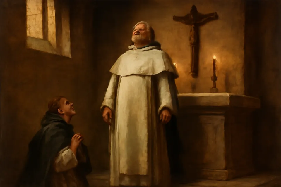 Ilustración en estilo óleo de Santo Tomás de Aquino inmóvil ante el altar durante la misa en una capilla de Nápoles en diciembre de 1273, mientras fray Reginaldo lo mira preocupado