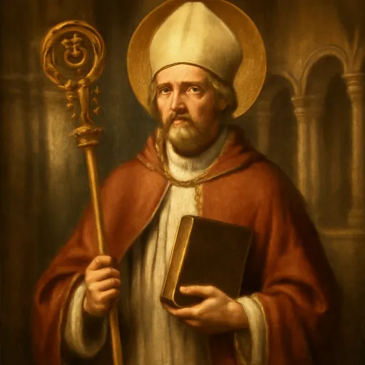 Oil-painting-style portrait of St. Thomas de Cantilupe as a thirteenth-century English bishop with a red beard, in miter and cope, holding a crosier and a book