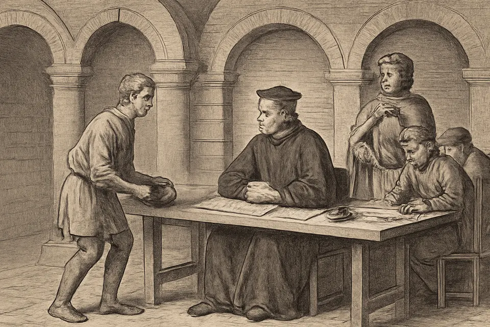 Engraving-style scene of a medieval cleric seated as chancellor at a table hearing petitions from poor people and lords