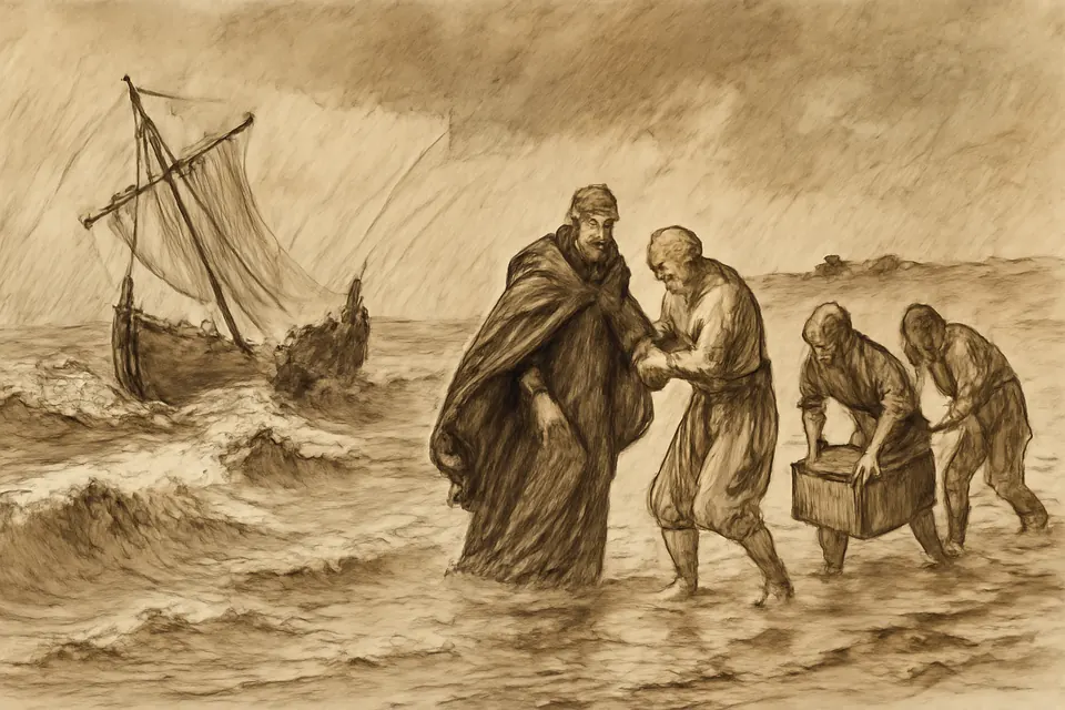 Ink-style illustration of a small medieval ship breaking up in a storm off a rocky coast while a bishop and a few companions struggle toward the shore