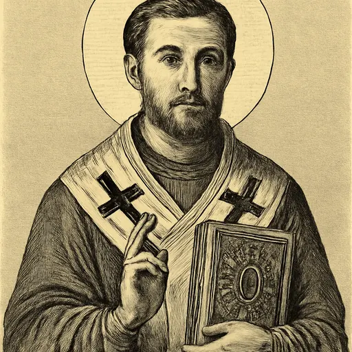 Icon-style portrait of St. Timothy as a young bishop with a short dark beard, holding a book of the Gospels