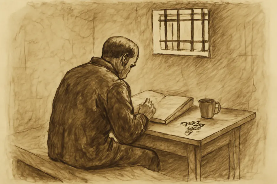 Illustration of a prisoner in a bare cell writing with a pencil between the printed lines of a book by the light of a small barred window