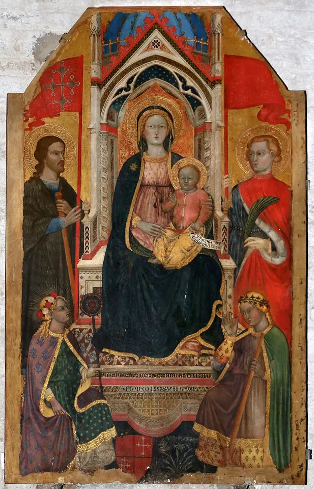 Gothic gold-ground altarpiece of the Virgin in a dark blue mantle enthroned with the Child under a pointed canopy, two standing male saints beside her and two crowned female saints kneeling at her feet