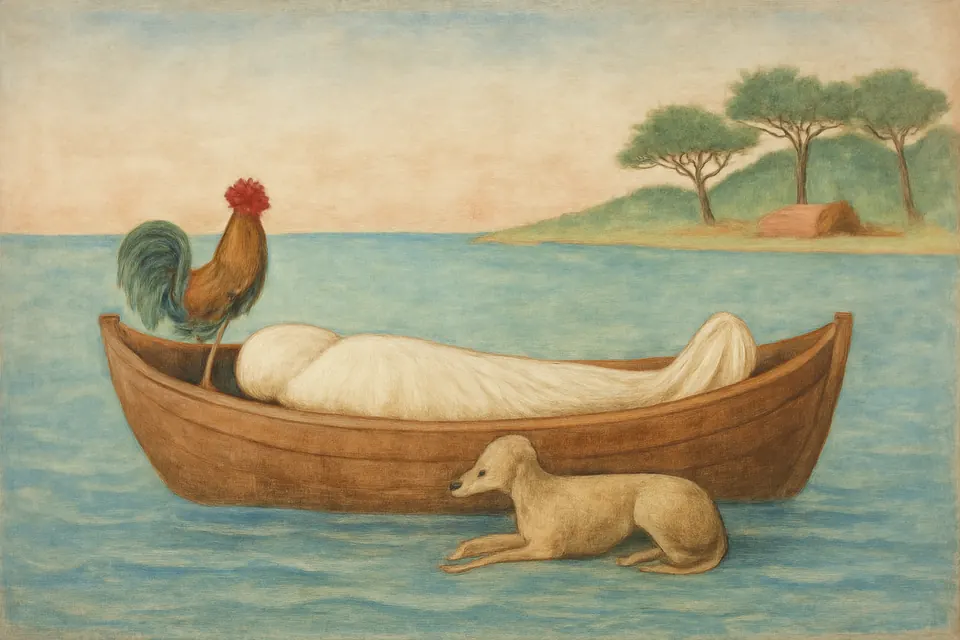 Fresco-style scene of a small wooden boat drifting on a calm sea, carrying a body wrapped in a white shroud with a rooster and a dog beside it