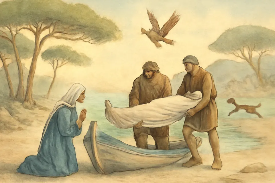 Watercolor-style scene of a woman and villagers on a beach in Provence lifting a shrouded body from a small boat while a rooster flies off and a dog runs inland
