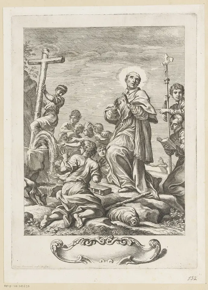 Engraving of the haloed bishop standing among kneeling and drinking people while water springs from the rocks at his feet, a processional cross held up beside him