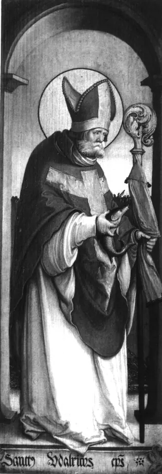Black-and-white image of a painted panel showing a bishop with a halo, miter and crozier, holding a book with a fish on it, standing in an arched niche