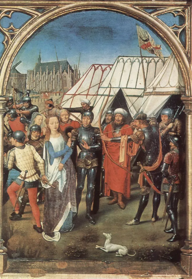 A young woman in a blue gown and white mantle stands calmly among armored soldiers and an archer drawing his bow, with tents and the spires of Cologne behind them