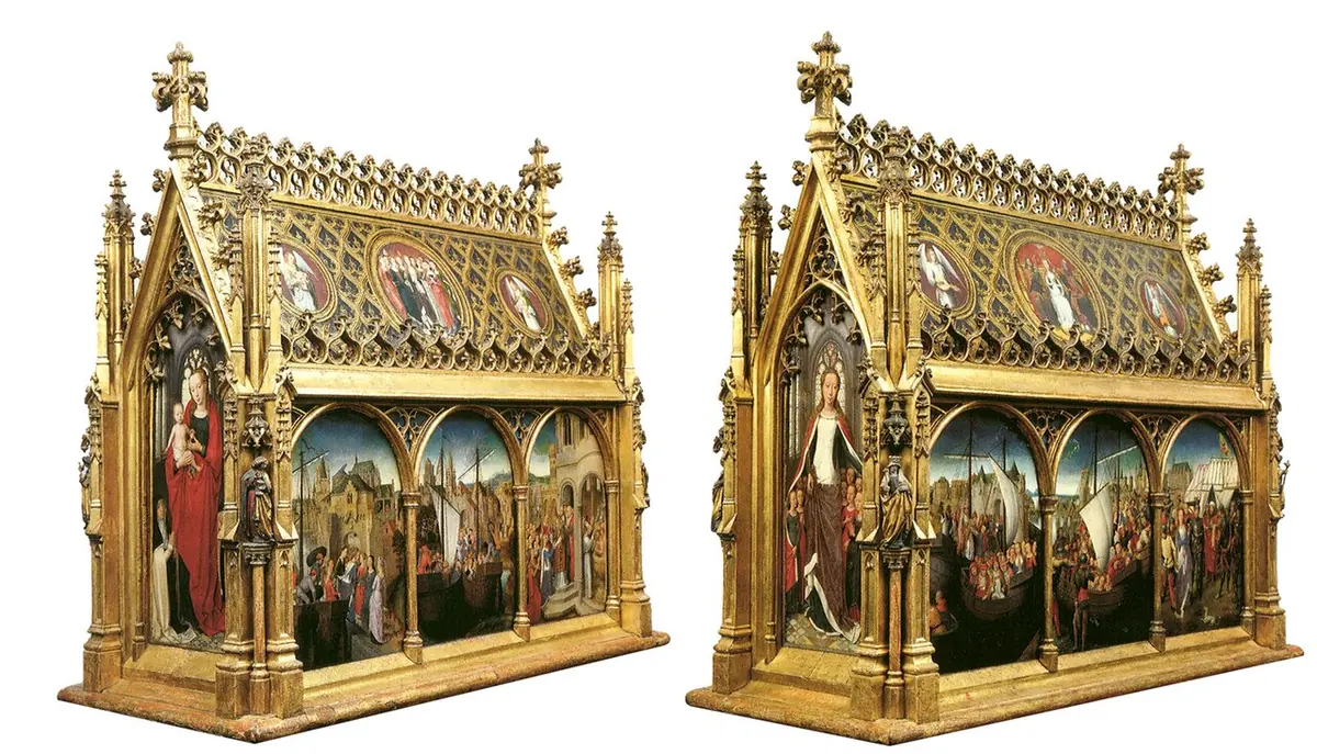 Two views of a gilded Gothic reliquary shaped like a small church, with painted arched panels along its sides showing scenes from the life of St. Ursula