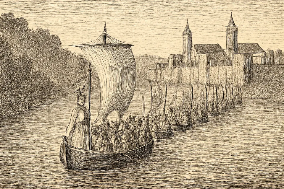 Illustration of eleven medieval sailing ships carrying St. Ursula and her companions up the Rhine toward Cologne