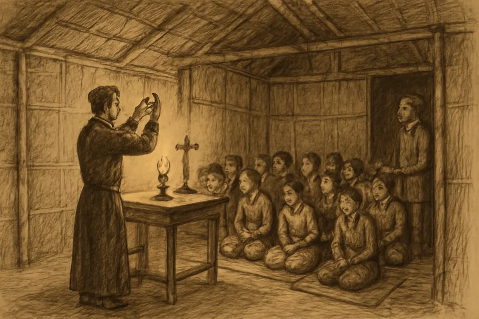 Ink-style illustration of a missionary bishop in plain local dress celebrating Mass by night in a thatched hut for kneeling villagers