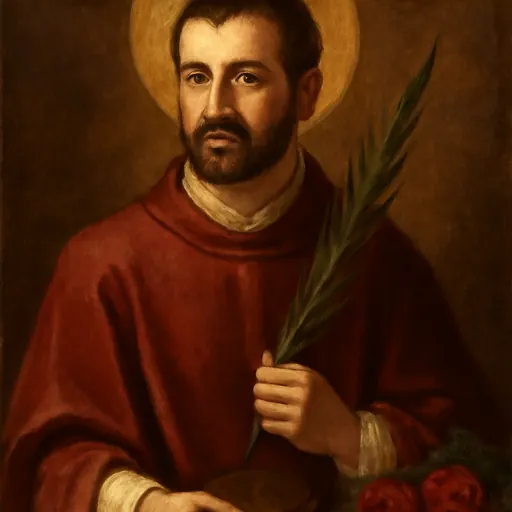 Oil-painting-style portrait of St. Valentine as a dark-bearded Roman priest in a red chasuble, holding a martyr's palm and a small book