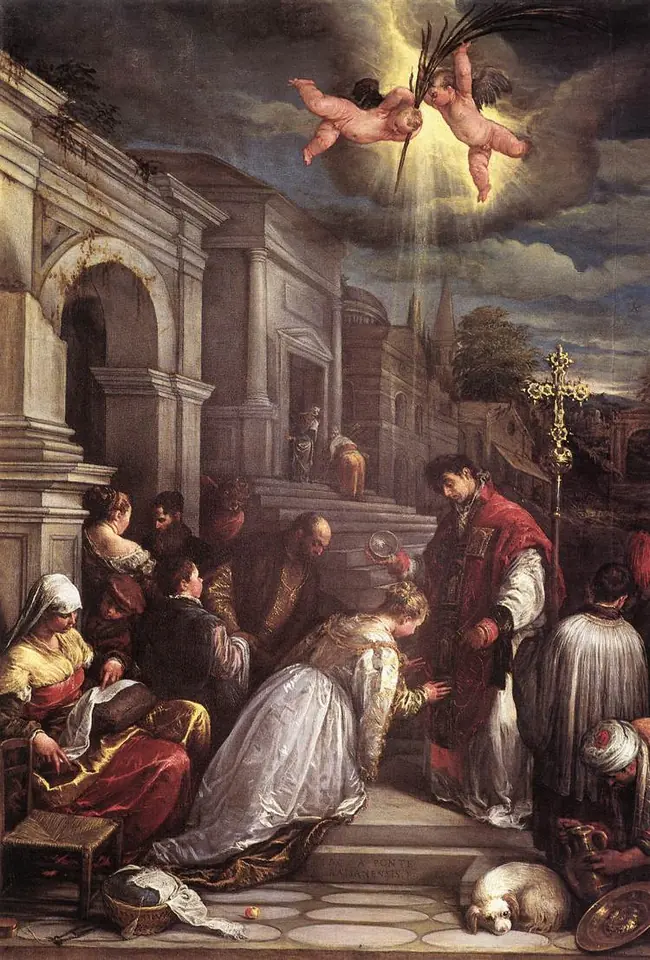 A Venetian painting of St. Valentine in a red cope pouring water over the head of a kneeling young woman in white on the steps of a classical building, with her family around her and angels with a palm above