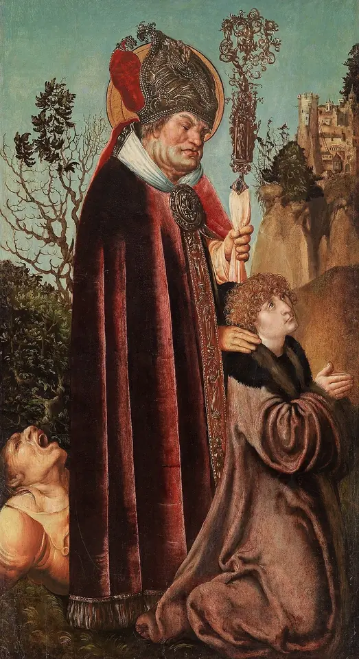 Cranach's painting of St. Valentine as an elderly bishop in a red cope and jeweled miter, with a kneeling donor beside him and a man lying in a seizure at the lower left corner