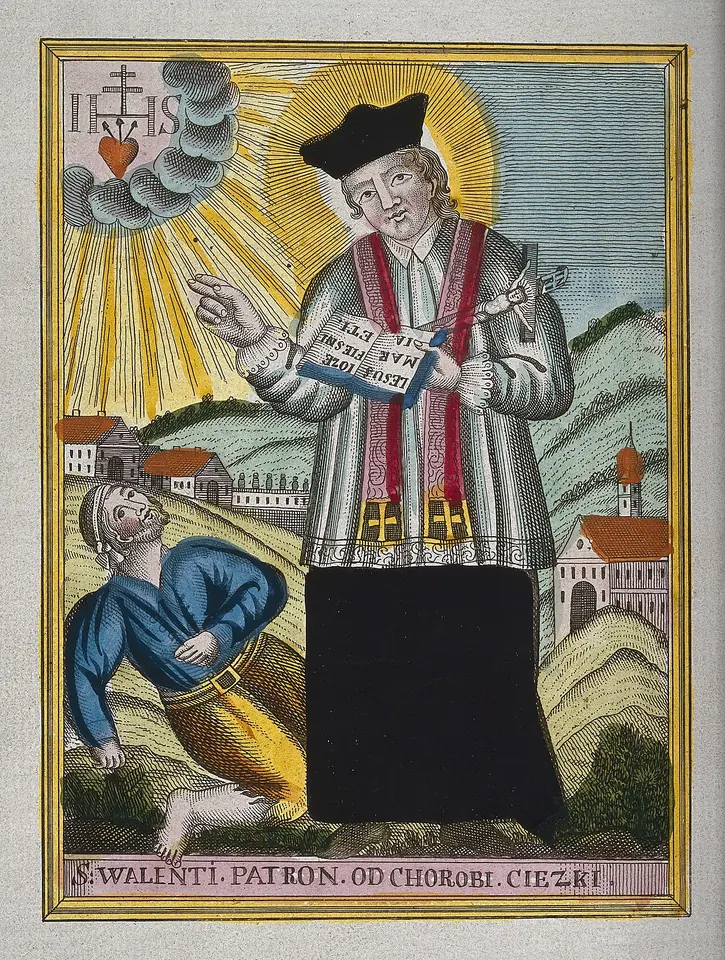 Colored folk etching of St. Valentine in a black biretta and red-trimmed surplice, holding a book and blessing a man who has fallen to the ground at his feet, with a Polish caption naming him patron against the falling sickness