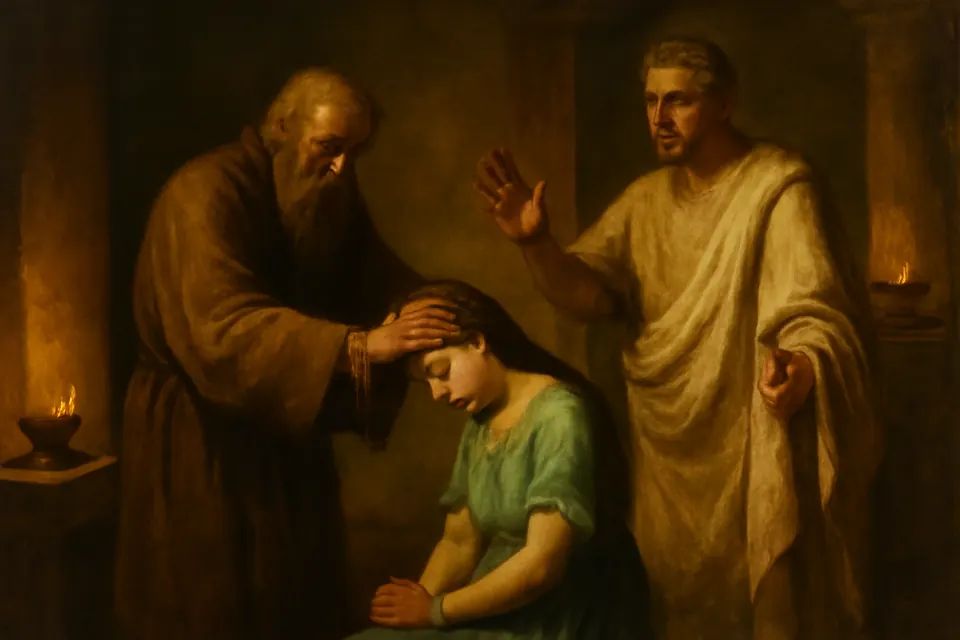 Illustration of St. Valentine laying his hands on the eyes of a blind young woman in a Roman house as her father watches