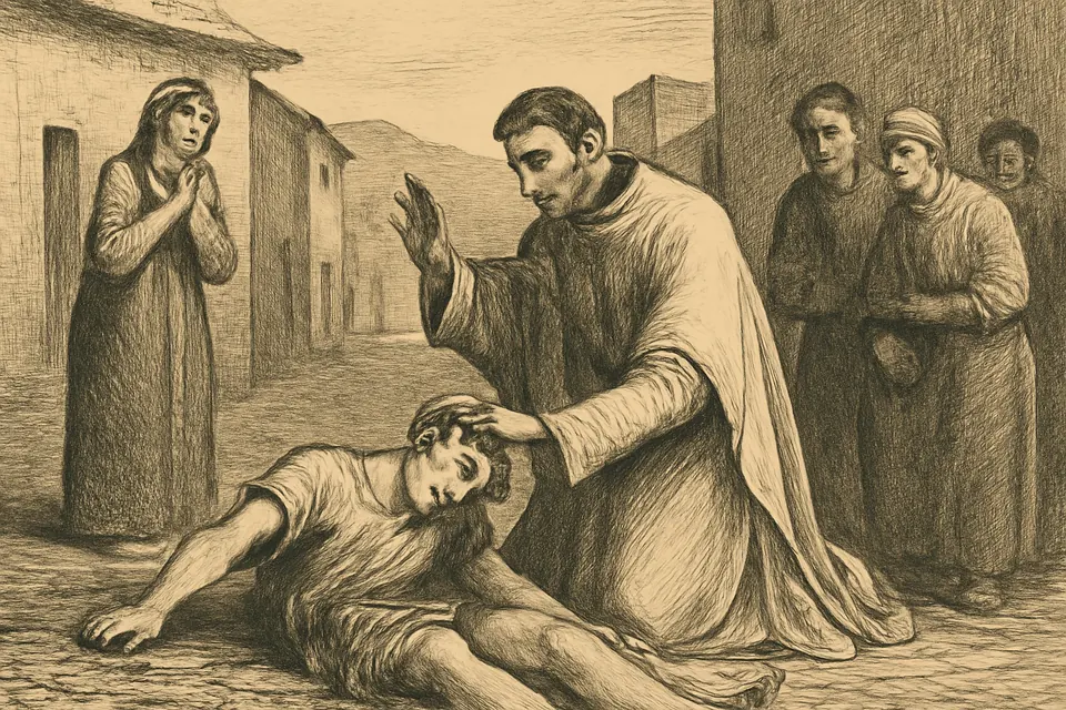 Ilustración en estilo grabado de San Valentín que pone la mano sobre un joven caído en un ataque de epilepsia