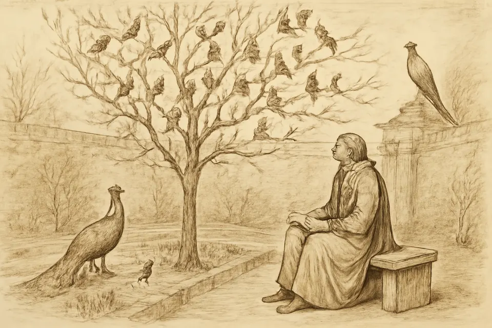 Illustration of a medieval poet sitting in a garden in late winter as pairs of birds gather in the trees around him