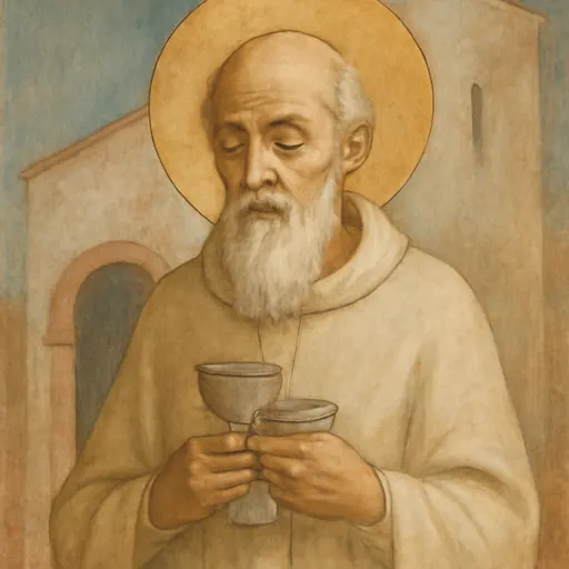 Fresco-style portrait of St. Valerian of Abbenza, a very old North African bishop with a white beard, holding a chalice close to his chest