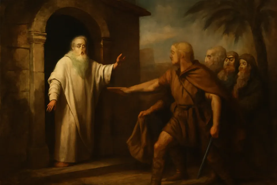 Oil-painting-style scene of an aged bishop standing before his church door, refusing armed Vandal officers who demand the church's silver vessels