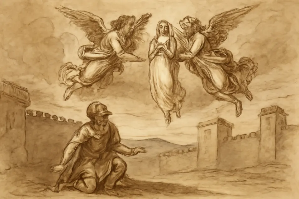 Ink-drawing-style scene of a frightened Roman soldier looking up as angels carry a young woman's soul, shown as a small figure in white, up into the clouds