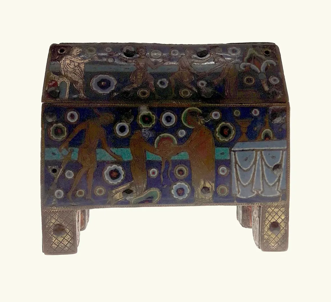 Enameled copper reliquary casket on four feet, with gilded figures on a dark blue ground scattered with colored roundels